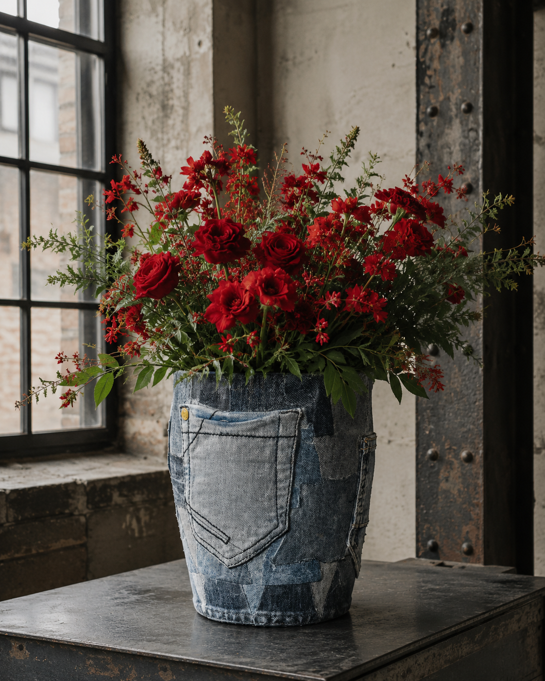Een arrangement van rode wilde bloemen in een blauwgrijze vaas op de vensterbank in een rustieke kamer.