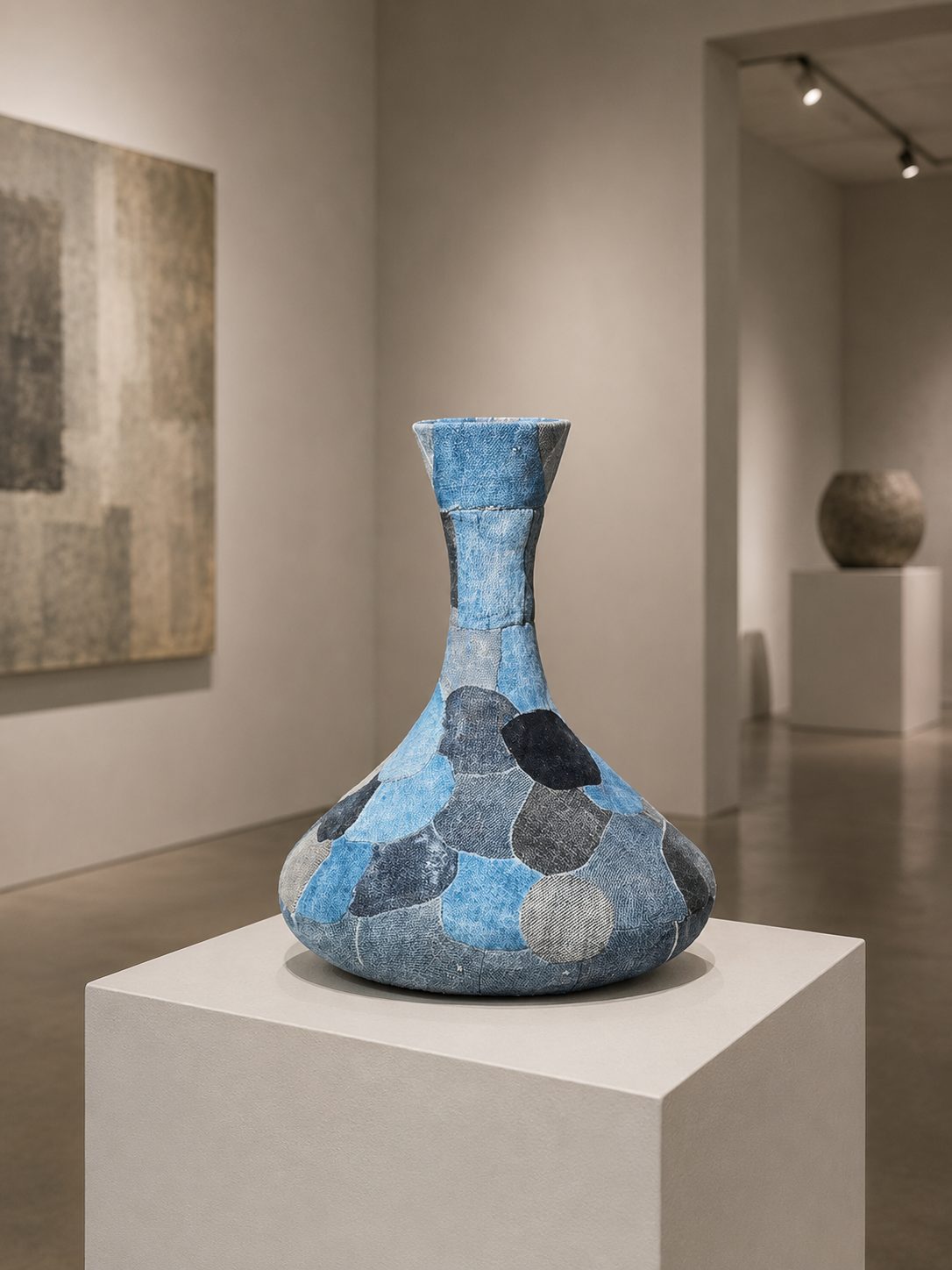 Blauwe mozaïek keramische vaas op een witte sokkel in een galerie, met abstracte kunstwerken op de achtergrond.