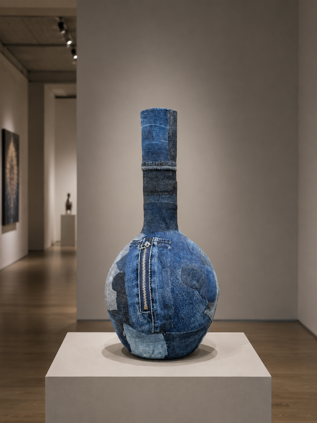Een blauwe, gestructureerde, flesvormige sculptuur op een sokkel in een museumgalerie.