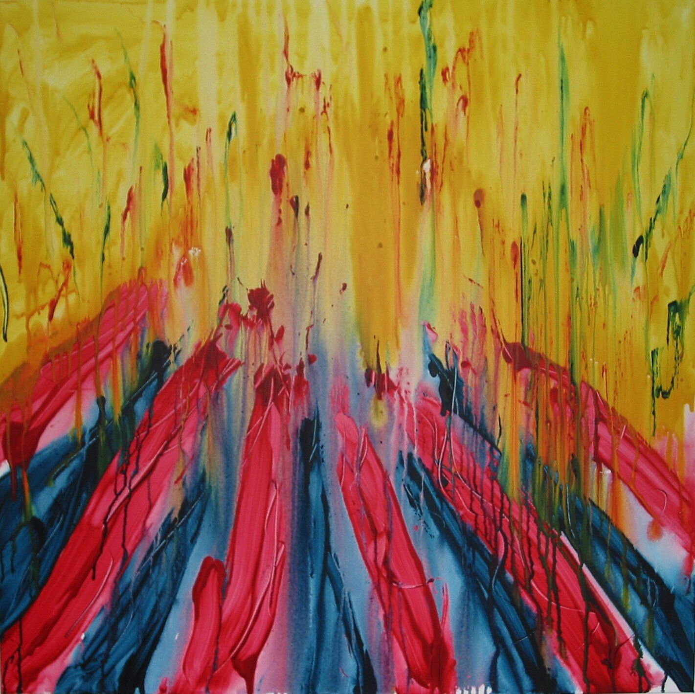 Een schilderij van rode en blauwe lijnen op een gele achtergrond