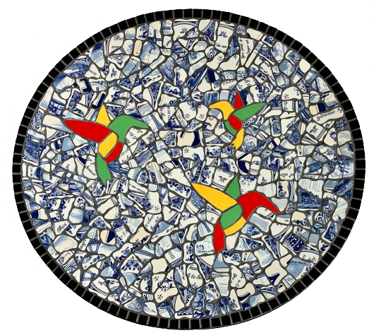 Een mozaïek van twee kolibries op een witte achtergrond