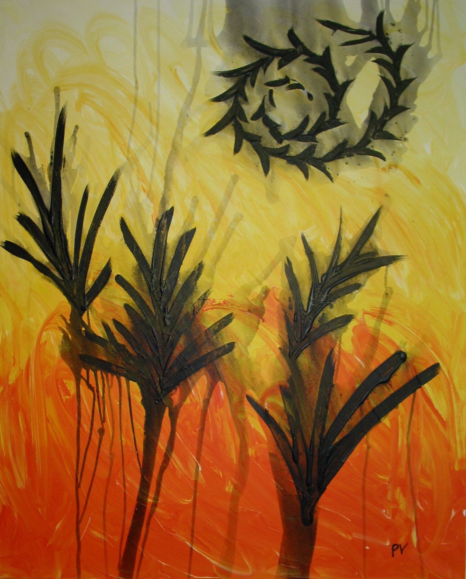 Een schilderij van palmbomen met een doornenkroon op de achtergrond