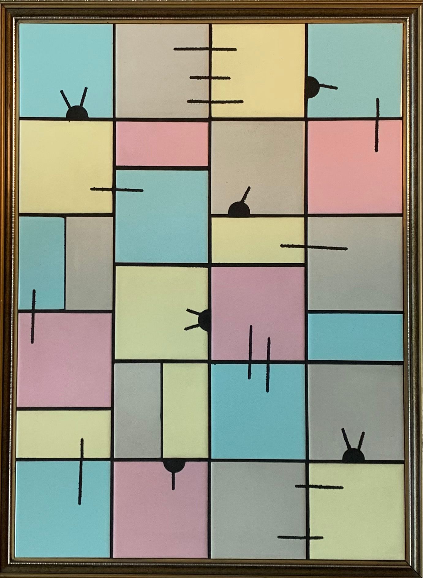 Een ingelijst tegelmozaïek van een raster van vierkanten en lijnen