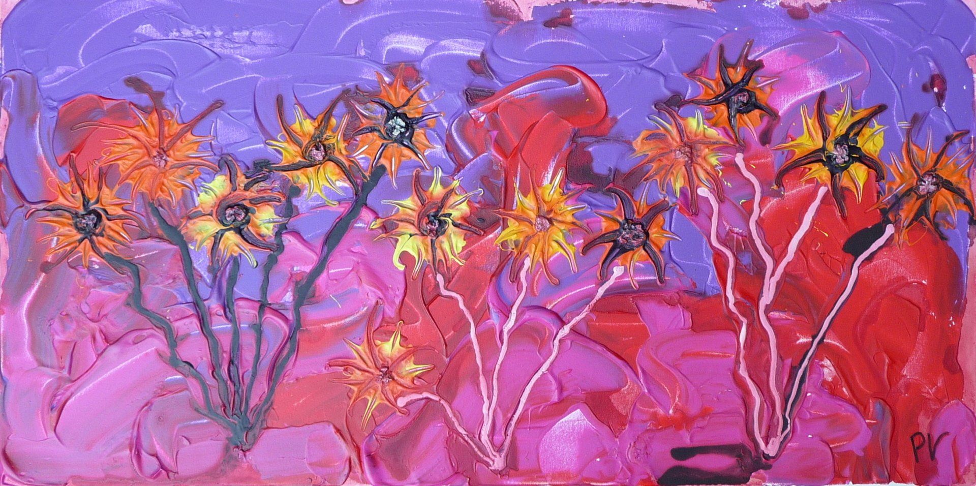 Een schilderij van een bloemenveld op een paarse achtergrond.