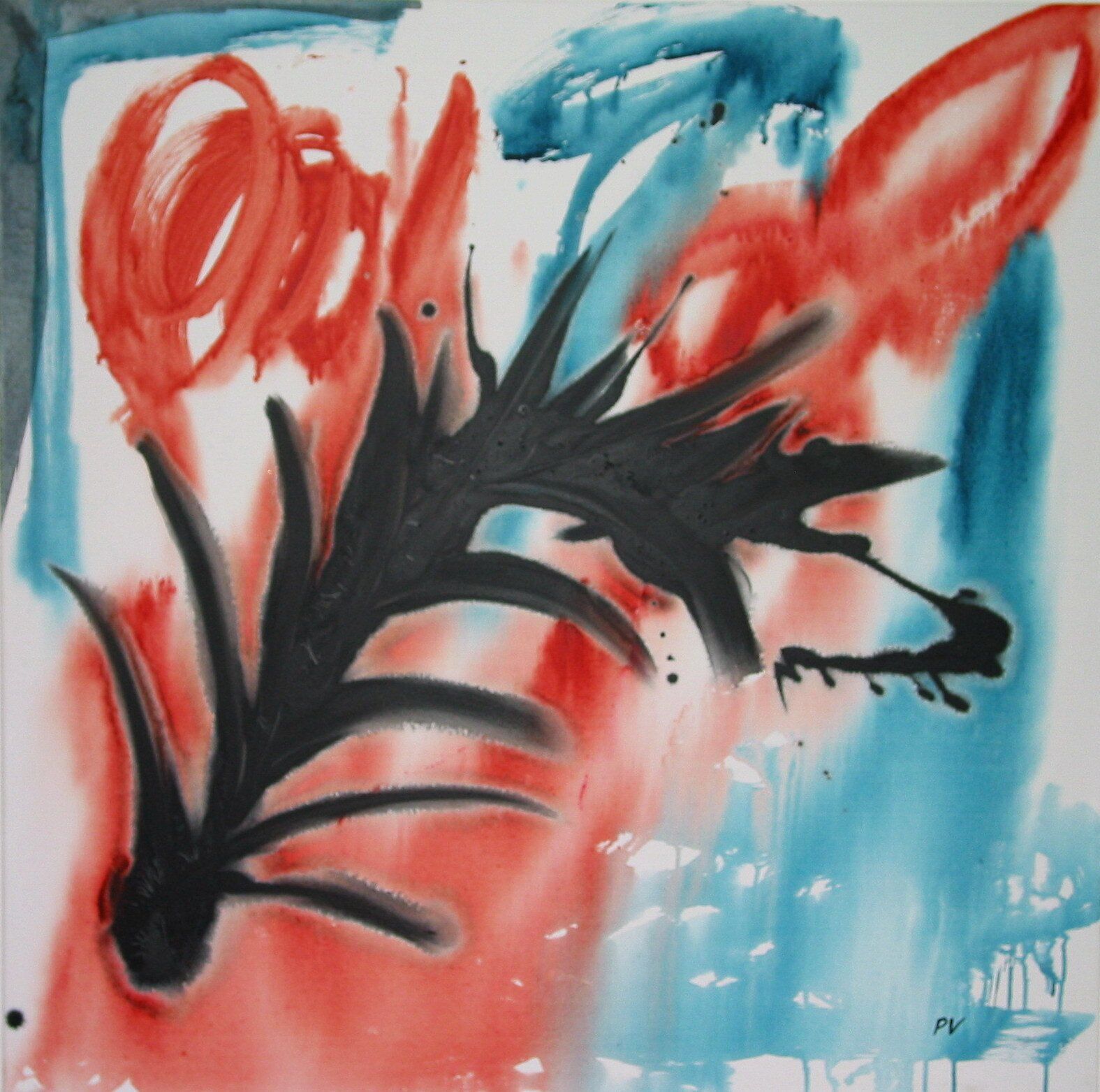 Een rood-wit-blauw schilderij met een zwart blad in het midden