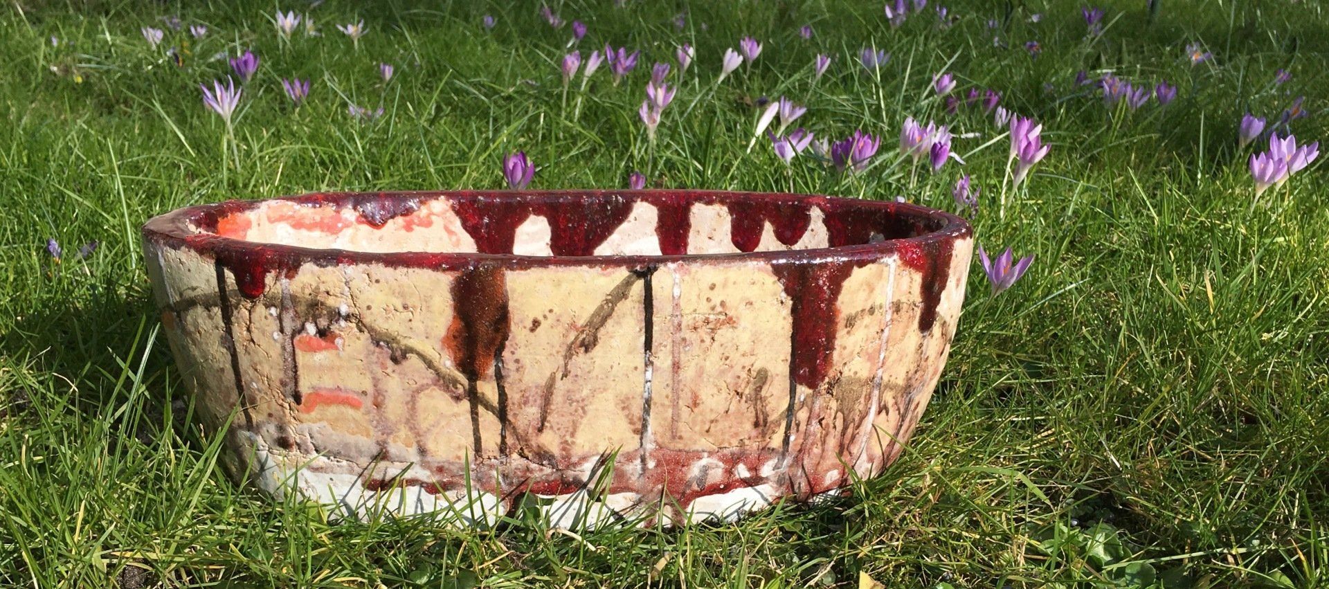 Een grote kom staat bovenop een weelderig groen veld.