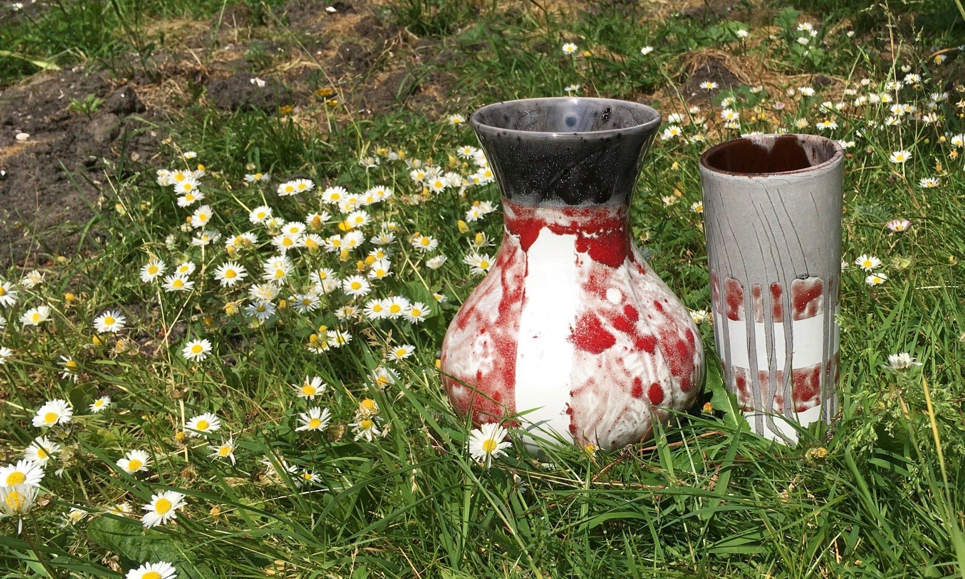 In het gras staan ​​twee vazen, omringd door madeliefjes.