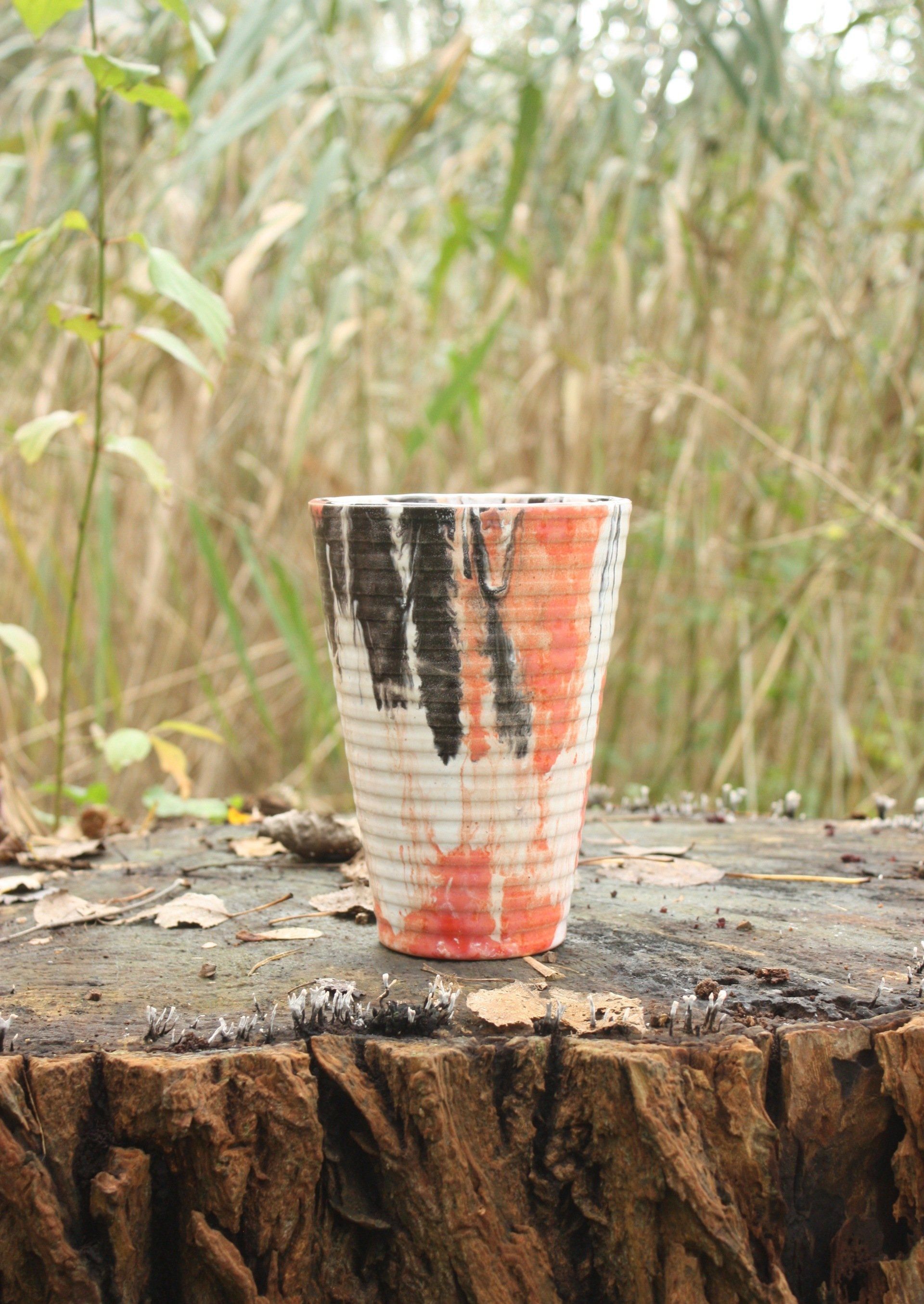 Er staat een kopje op een boomstronk.