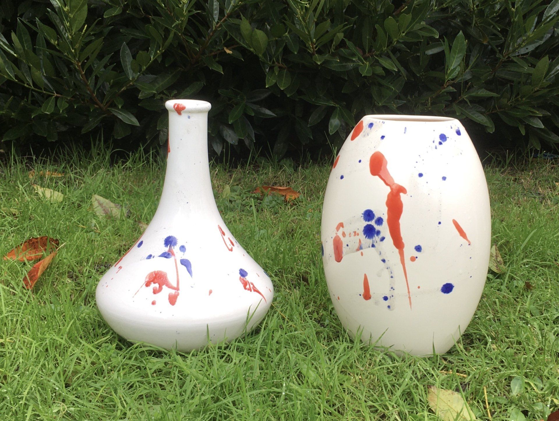 Twee vazen ​​met rode en blauwe vlekken erop staan ​​in het gras