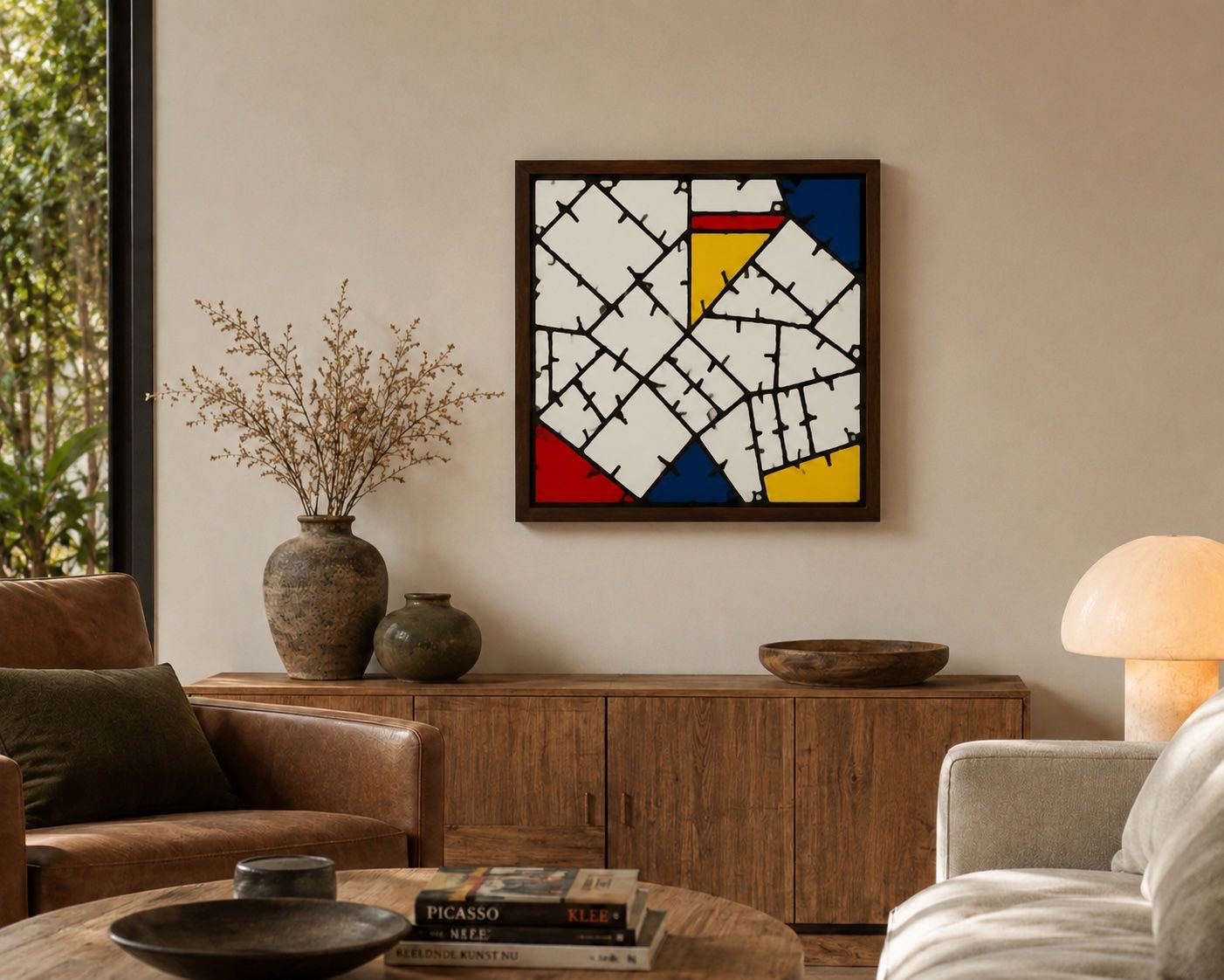 Twee blauwe fauteuils met houten armleuningen staan ​​tegenover elkaar onder een modern, geometrisch kunstwerk aan de muur.
