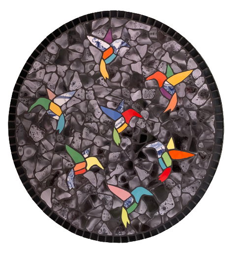 Een mozaïek van kleurrijke vogels op een zwarte achtergrond