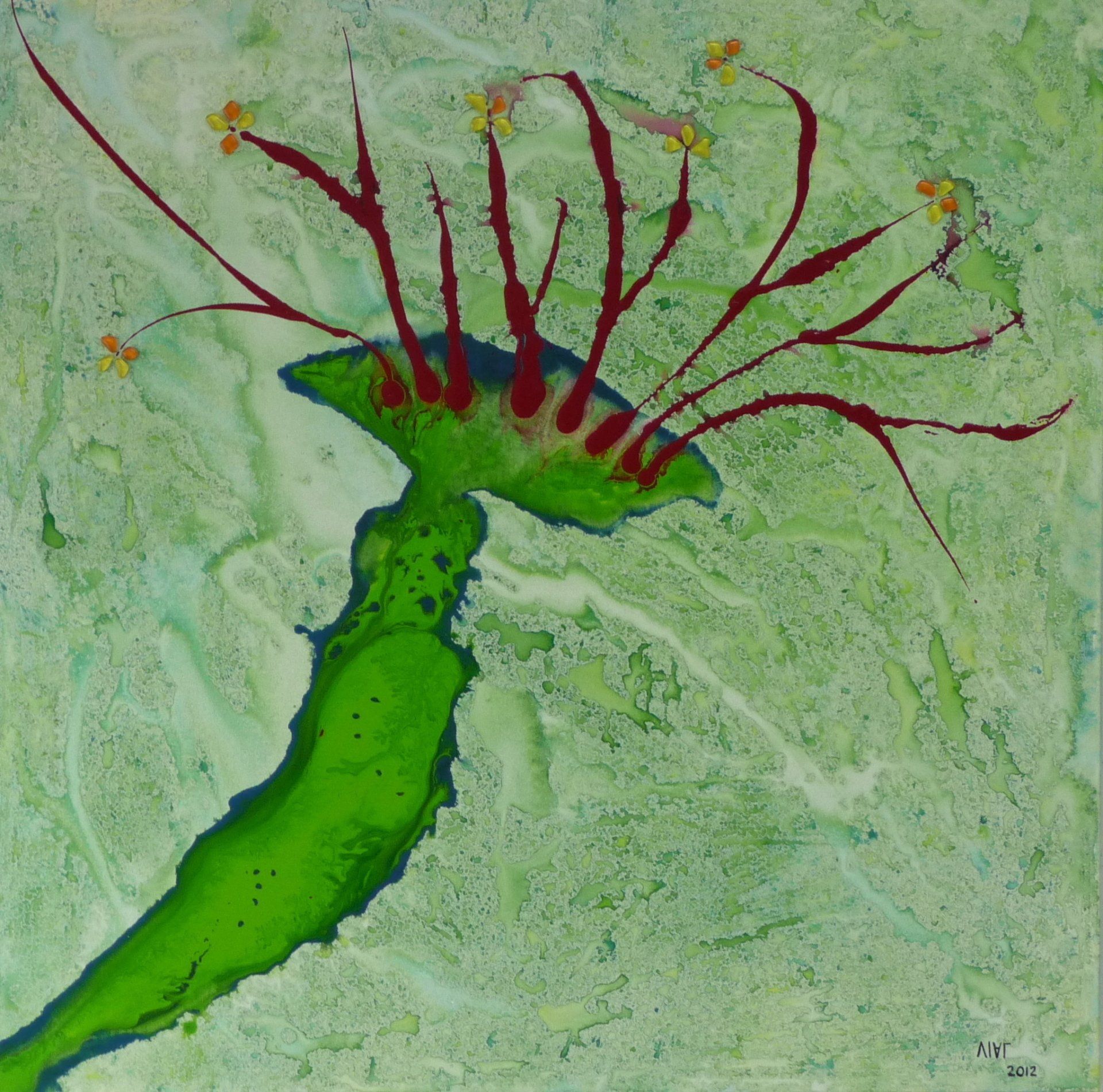 Een abstract schilderij van een groene plant met rode bloemen