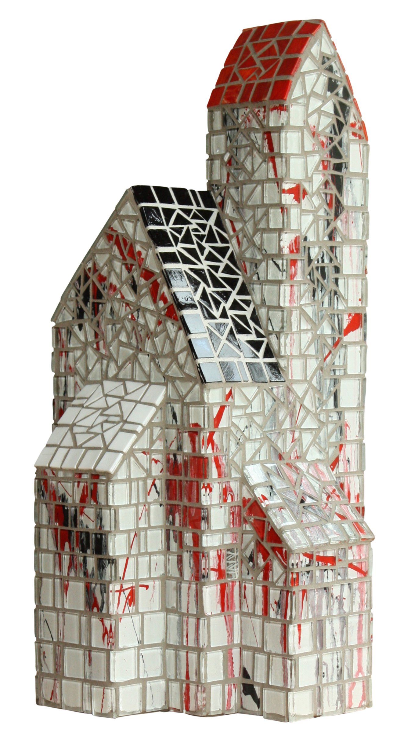 Een mozaïek van een huis met een rood dak op een witte achtergrond.