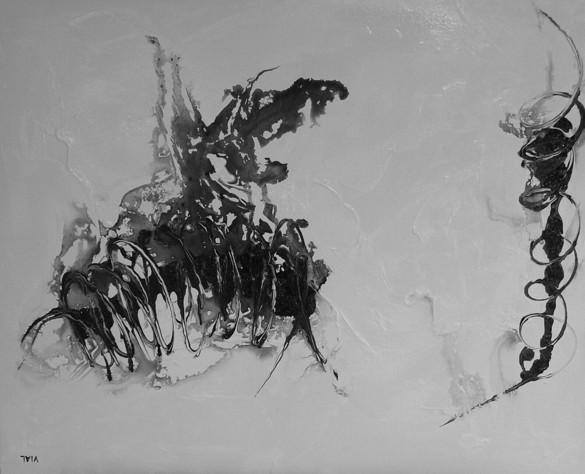 Een zwart-wit schilderij met de letters tl onderaan