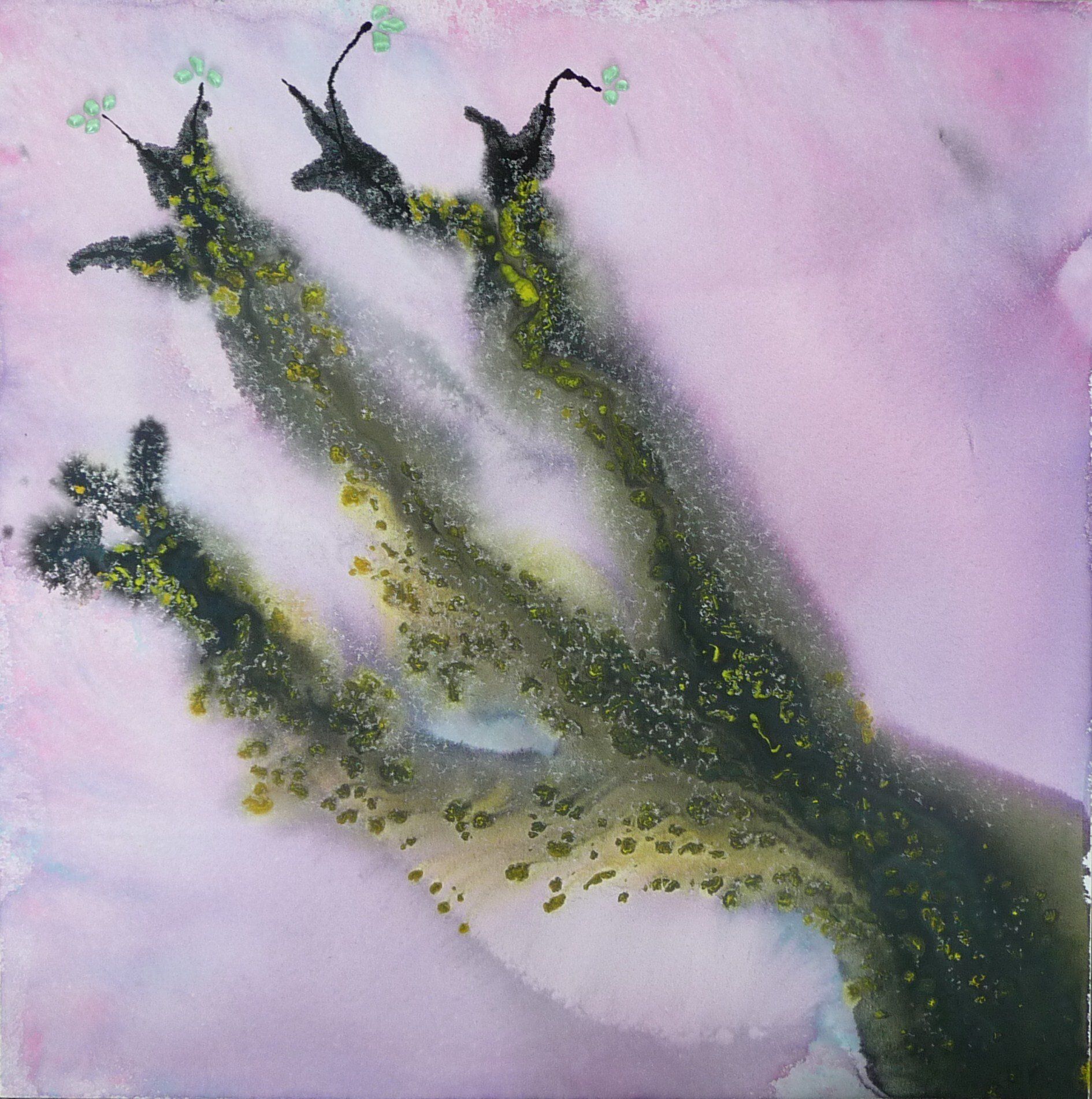 Een schilderij van een boomtak met een roze achtergrond