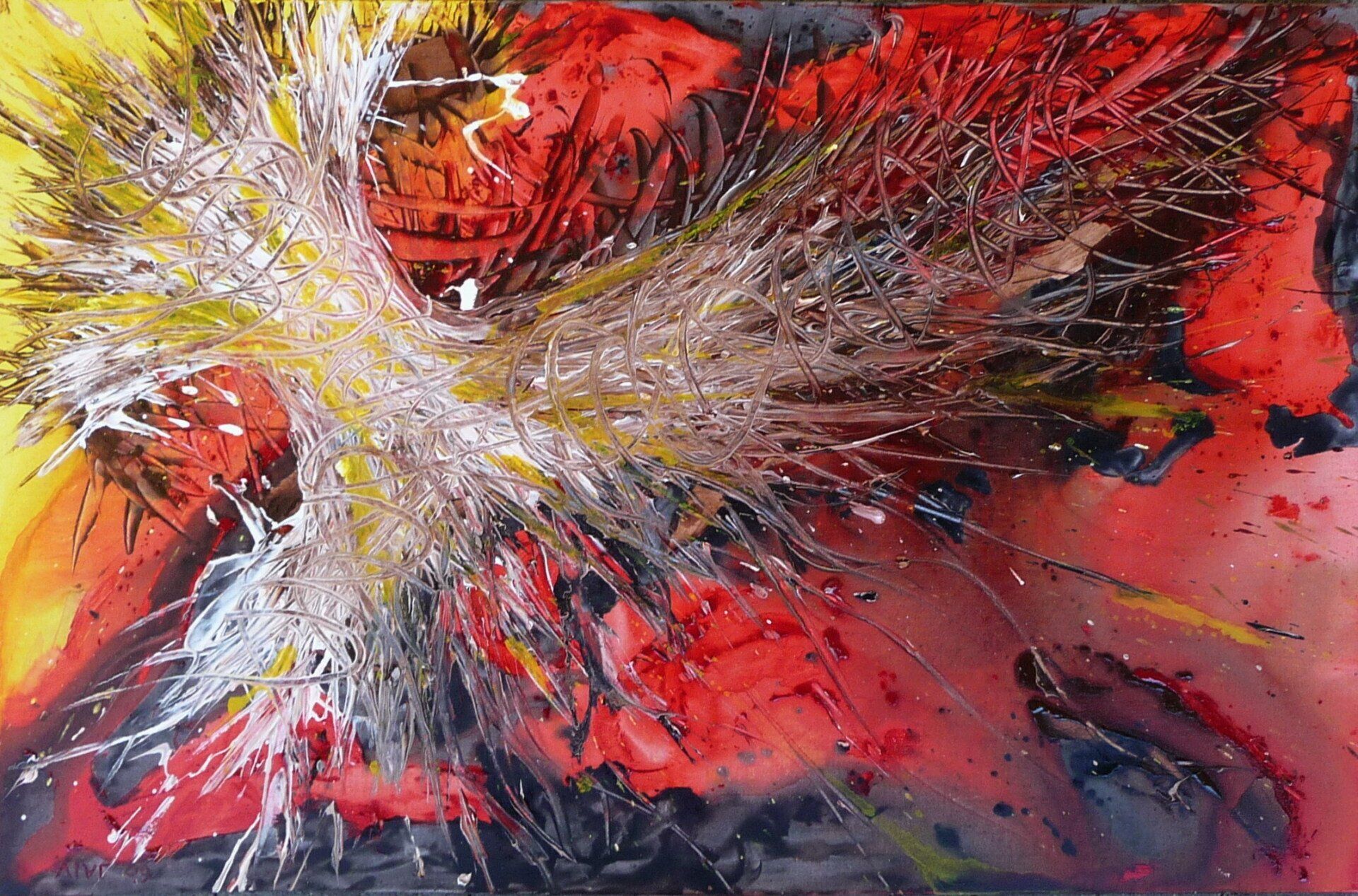 Een close-up van een schilderij met een rode en gele achtergrond