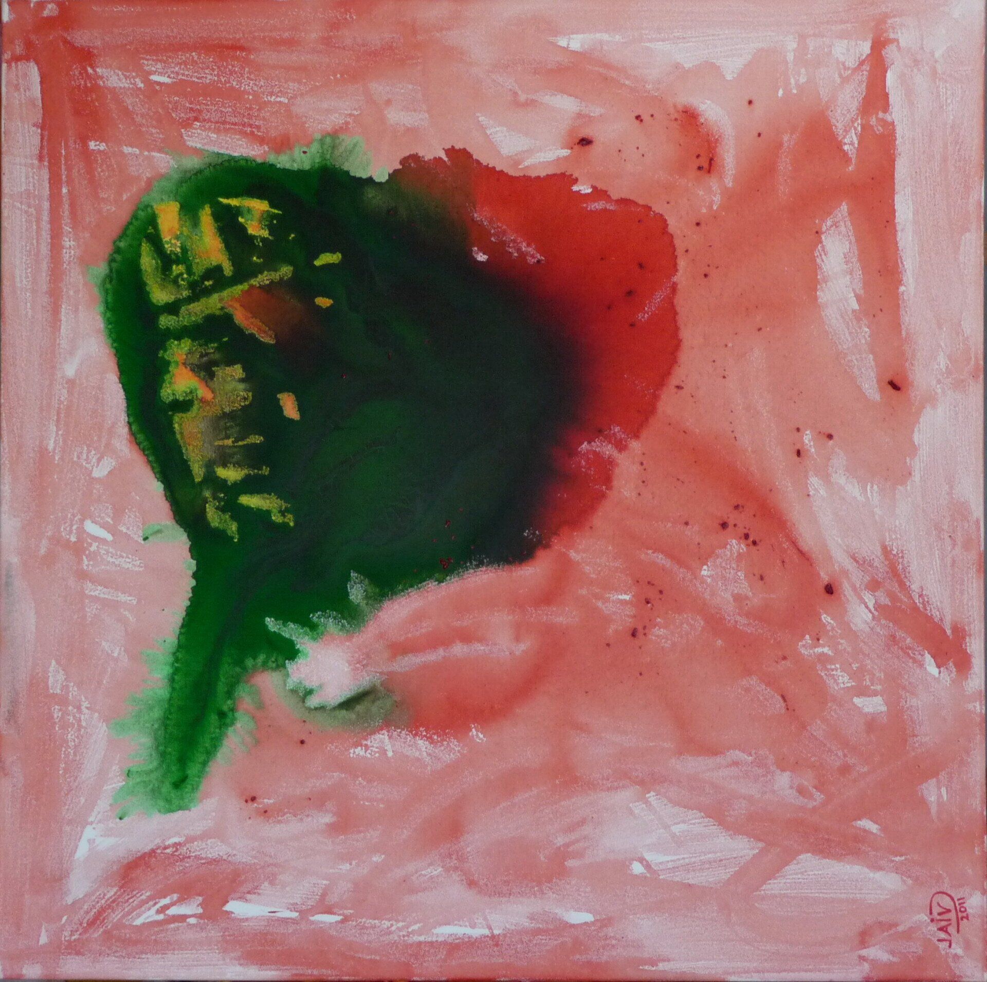 Een schilderij van een groen blad op een rode achtergrond