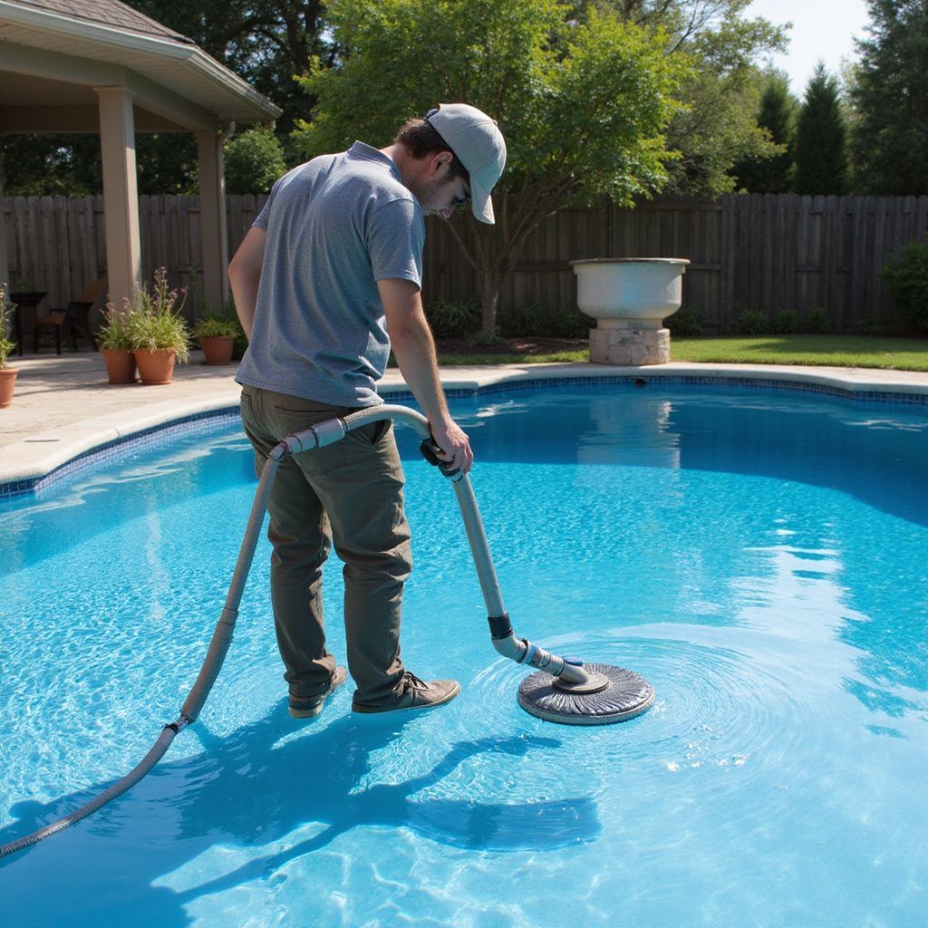 Man cleaning a blue swimming pool with a vacuum in a backyard setting.
