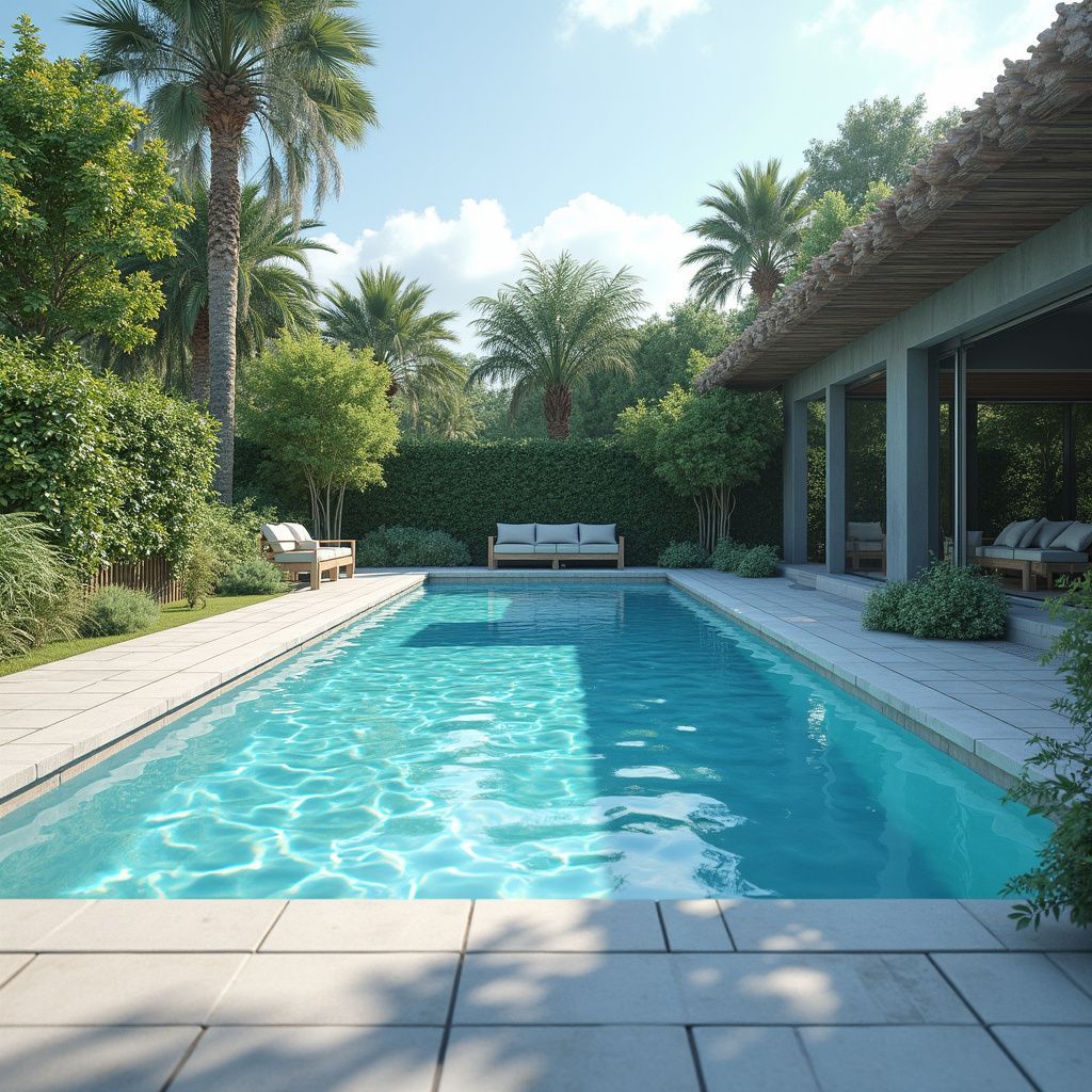 Swimming pool in a tropical setting with palm trees, a lounge area, and a thatched roof.