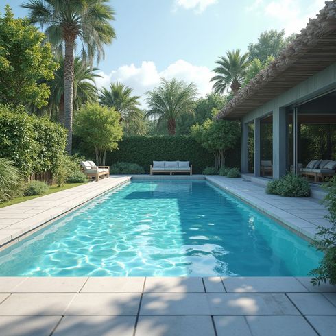 Swimming pool in a tropical setting with palm trees, a lounge area, and a thatched roof.