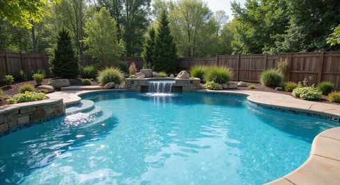 Swimming pool with waterfall, surrounded by landscaping and a wooden fence.
