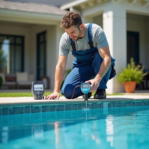 A person in overalls testing pool water with a handheld device near a house.