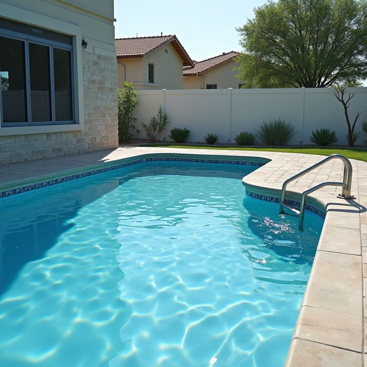 Swimming pool with water, surrounded by tile and a wall. House in the background. Sunny day.