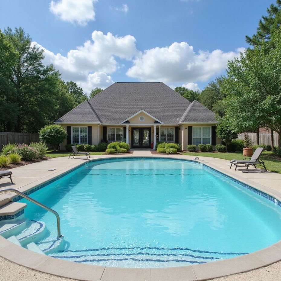 House with a pool in the front yard. Blue water, sunny day, trees in the background, lawn chairs.