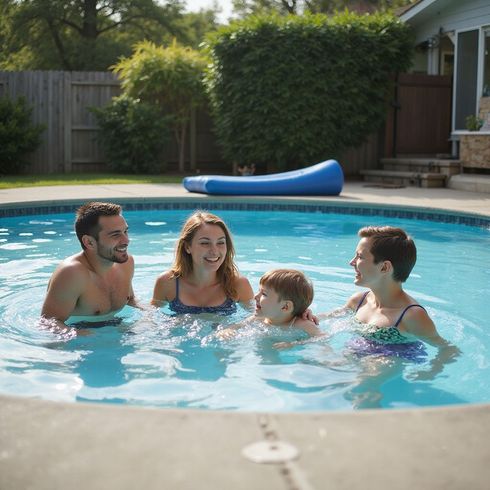 Family, including two adults and two children, in a swimming pool, smiling.