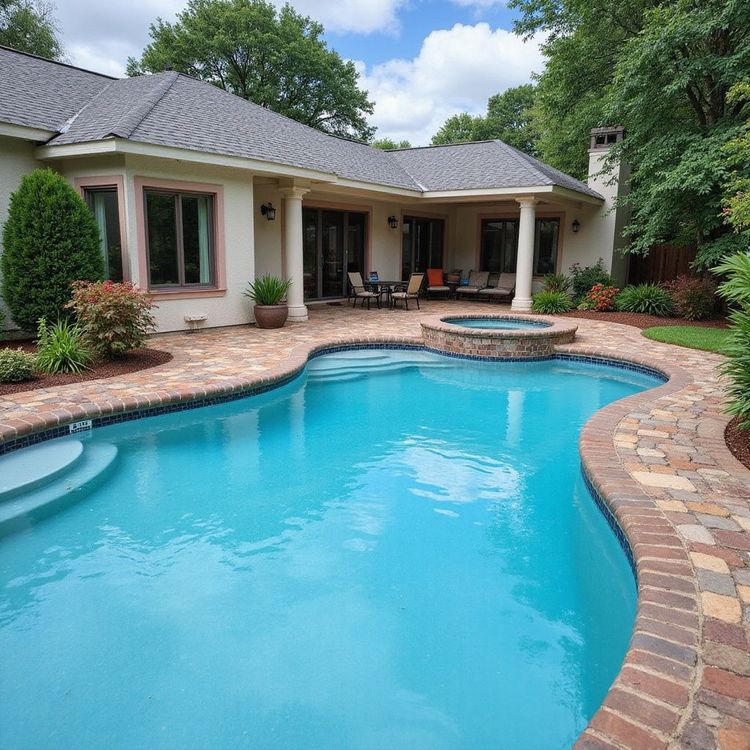 Backyard pool with spa, brickwork, and a beige house with a covered patio. Blue water and a sunny day.