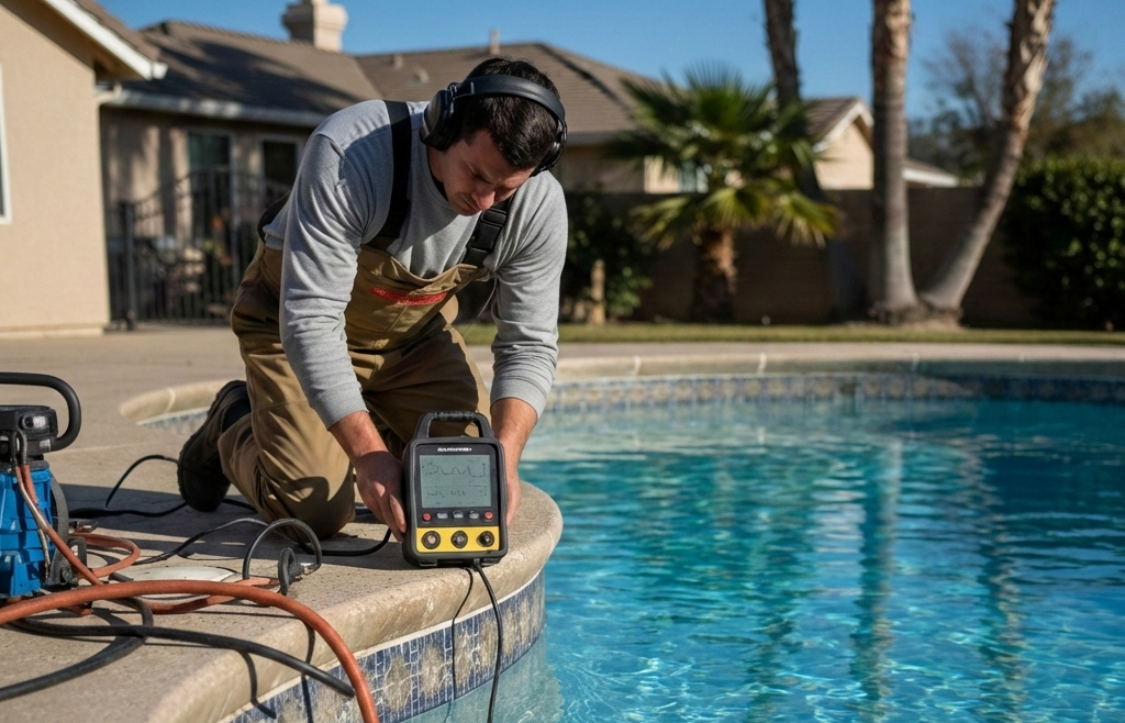 A person in blue overalls cleans a pool with a long-handled brush next to a house.