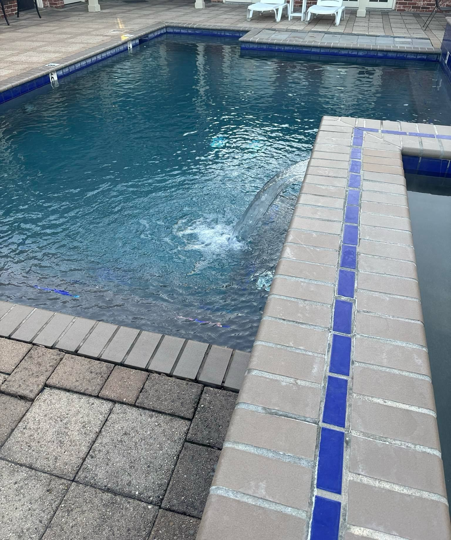 Person kneeling, scraping algae from the edge of a light blue pool with two putty knives.
