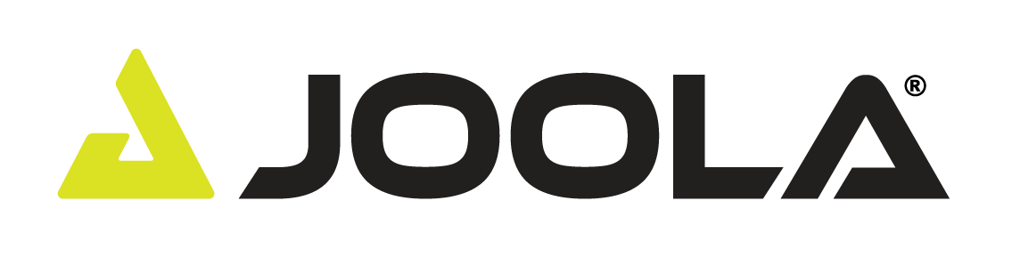 JOOLA logo: black text with a yellow and black geometric shape on the left. Registered symbol.