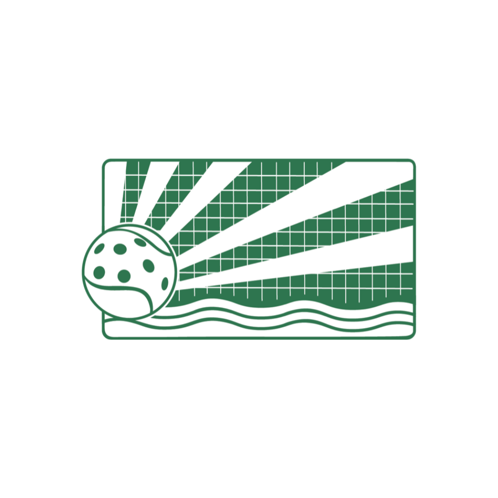 Green pickleball logo with sunburst, ball, grid, and waves.