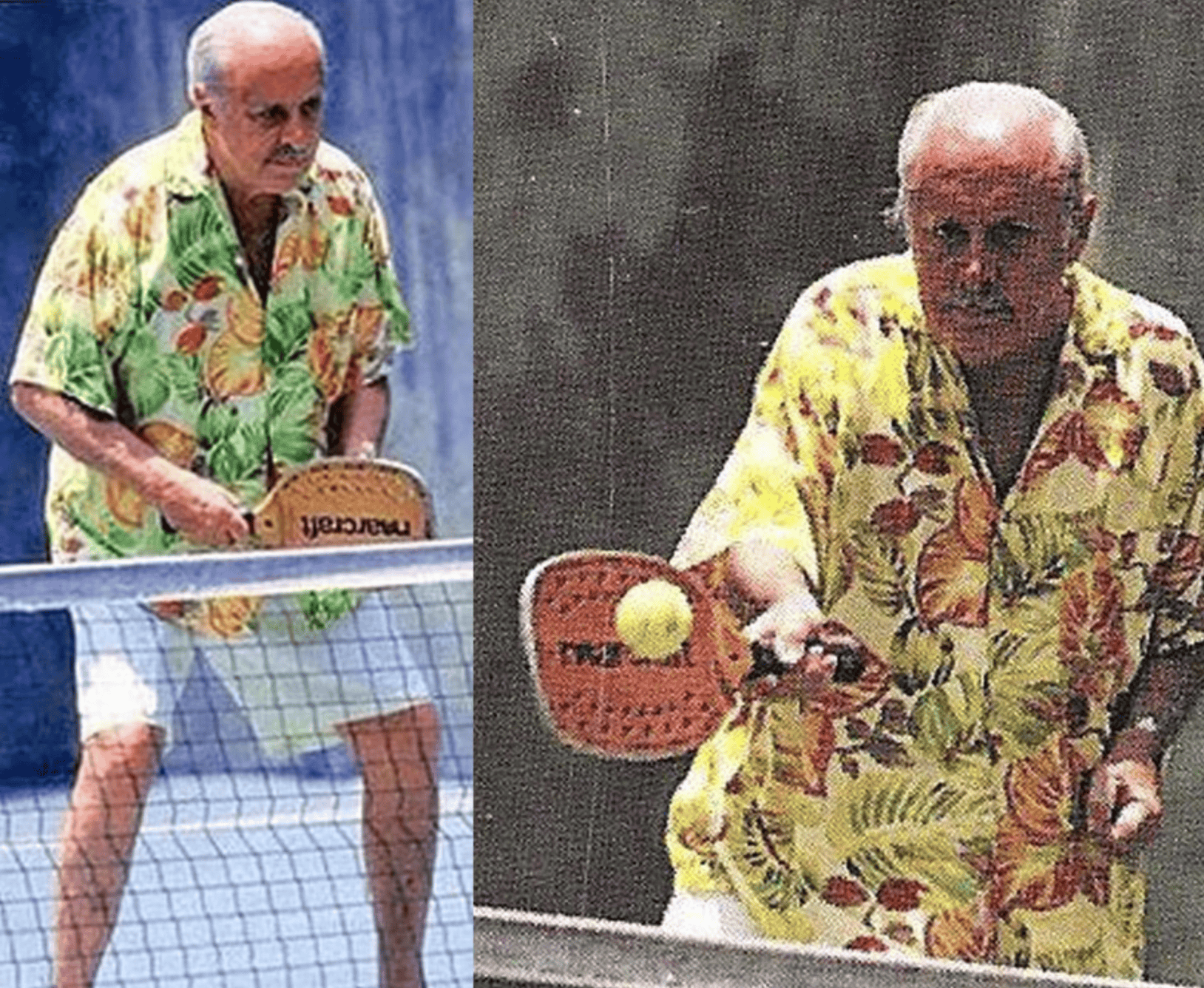 A man in a hawaiian shirt is playing ping pong