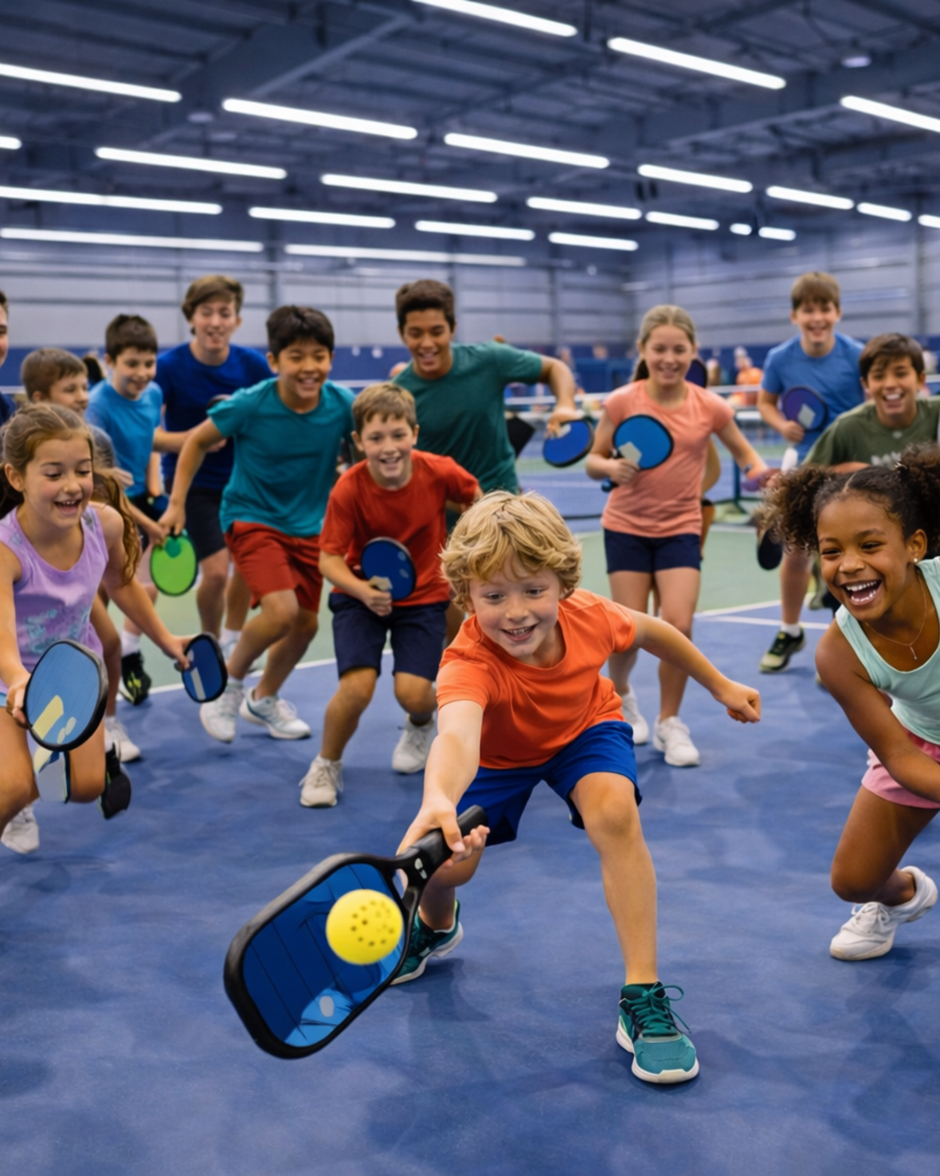 A group of active children play pickleball on an indoor blue court, smiling and holding paddles with bright yellow balls.