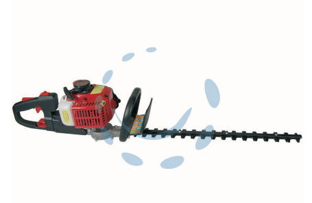 Un tagliasiepi rosso e nero su sfondo bianco.