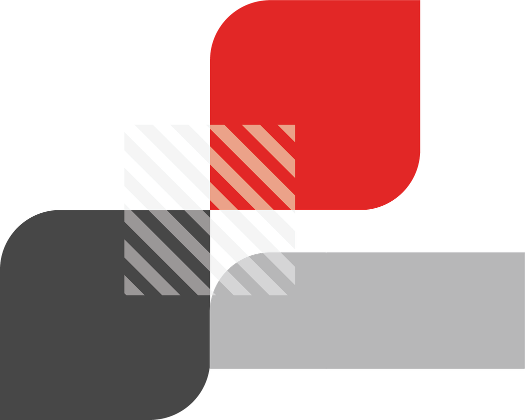 Abstract design: Overlapping shapes in red, gray, and black, with striped squares.