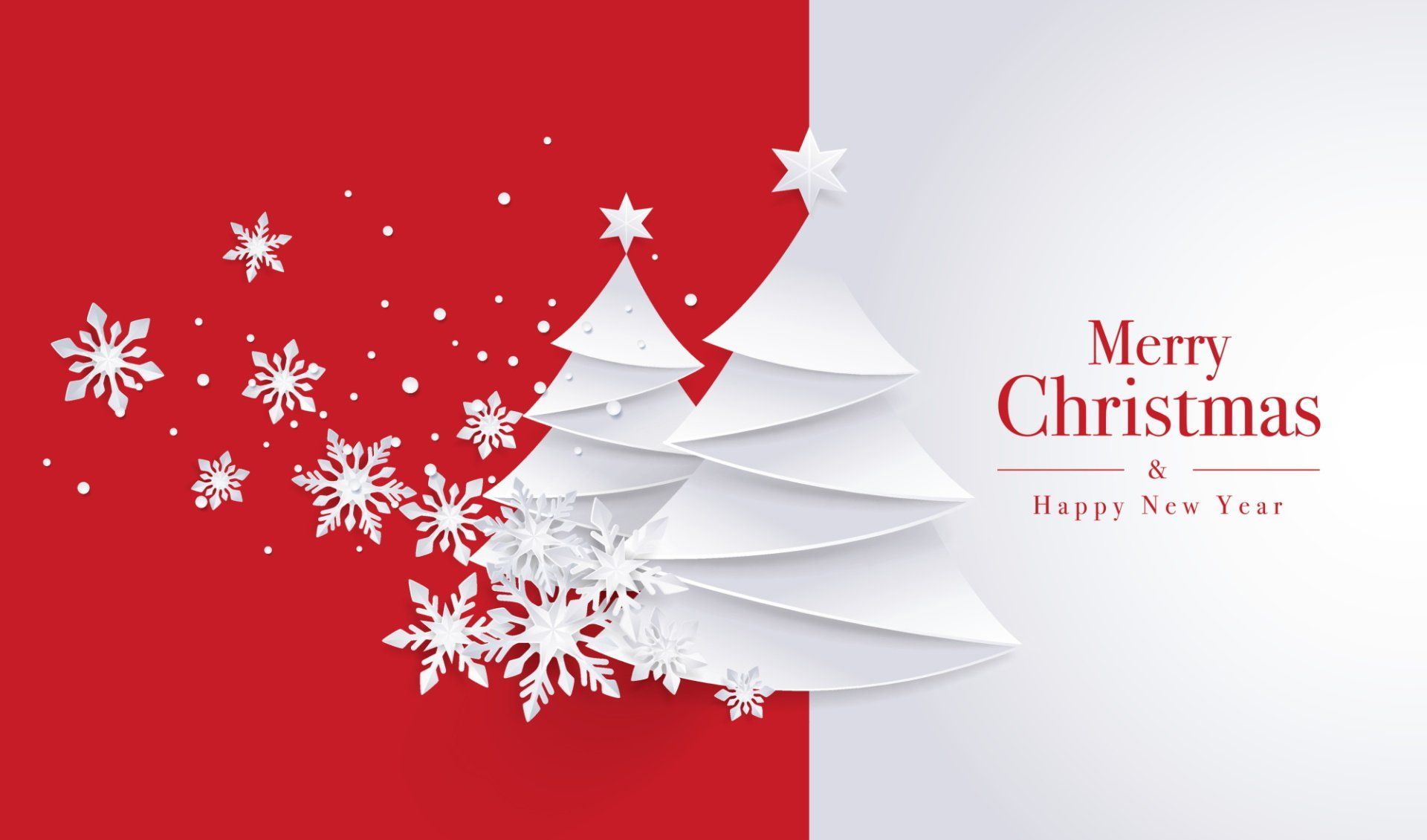 Red and white Christmas card with paper-cut trees, snowflakes, and “Merry Christmas & Happy New Year” text.