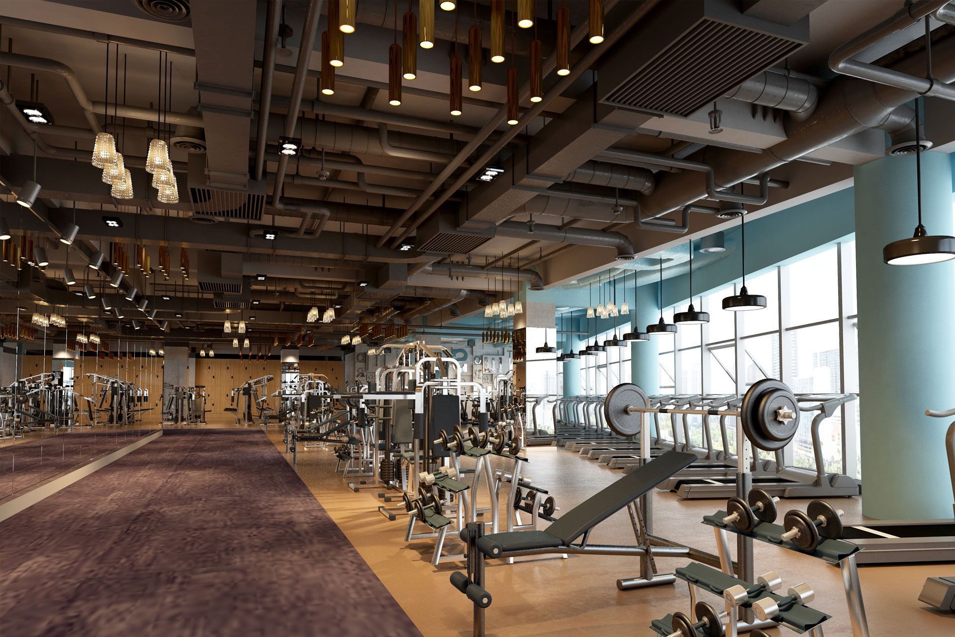 Gym interior with workout equipment and large windows.
