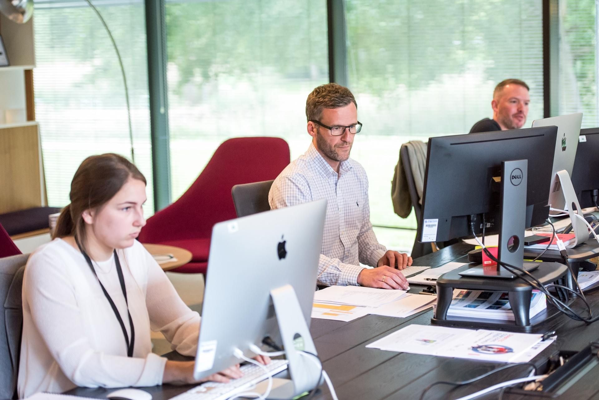 Three office workers at desks, using computers. Natural light, modern office setting.