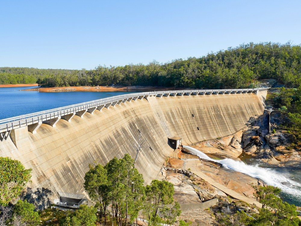 An Aerial View of a Dam Surrounded by Trees and Water — Jammach Earthmoving in Maitland, NSW
