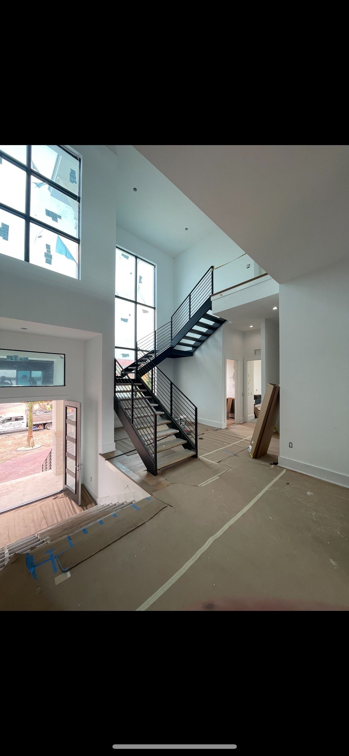 There is a staircase in the middle of the room.