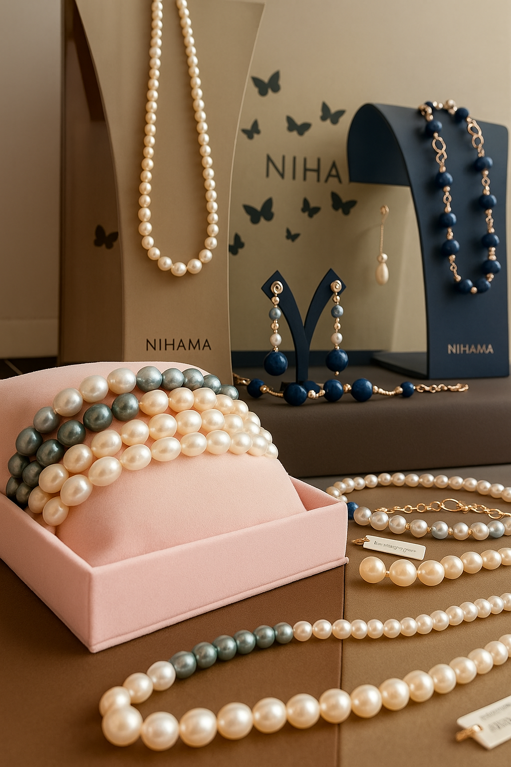 Sono esposte diverse collane e braccialetti di perle