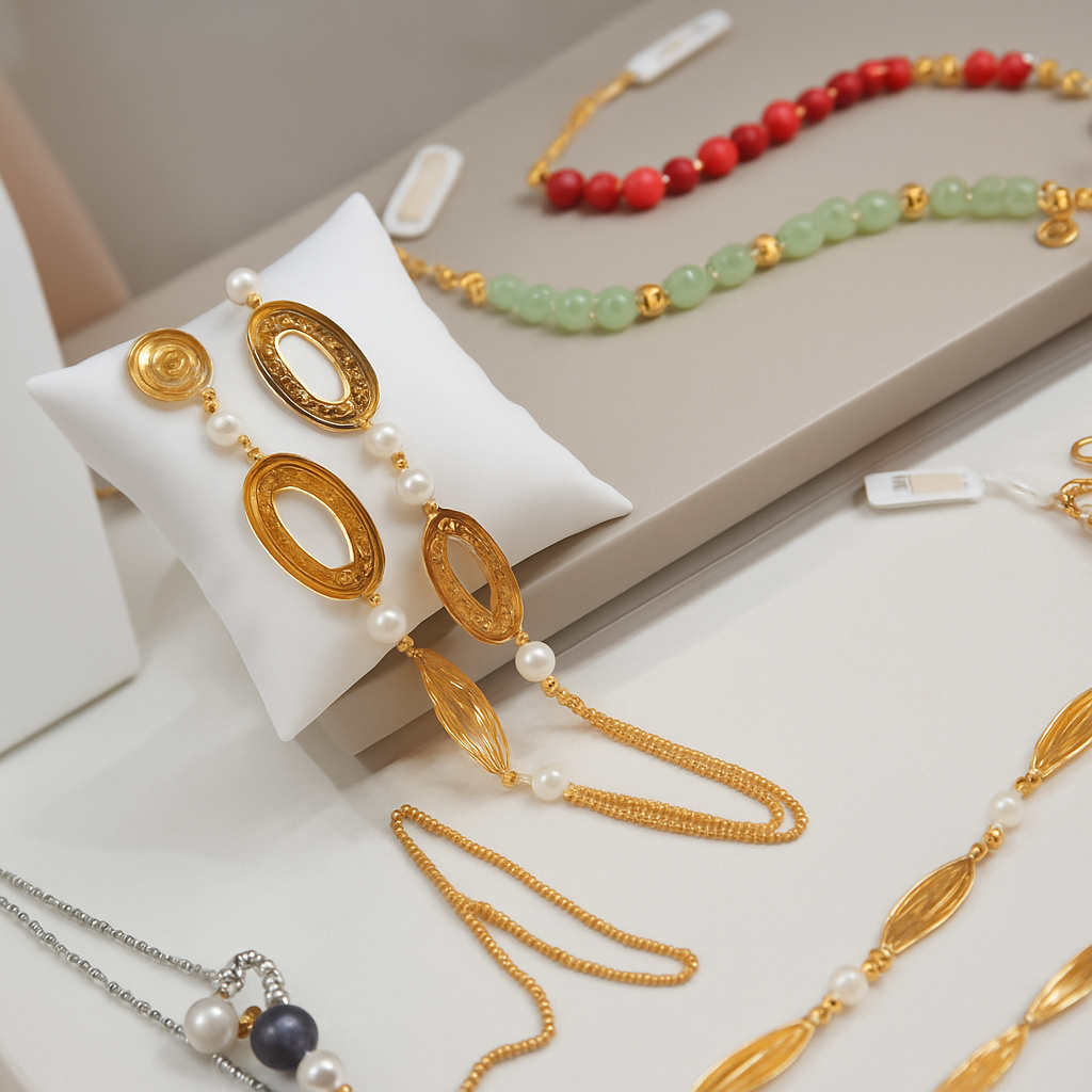 Diverse collane e braccialetti sono esposti su un tavolo