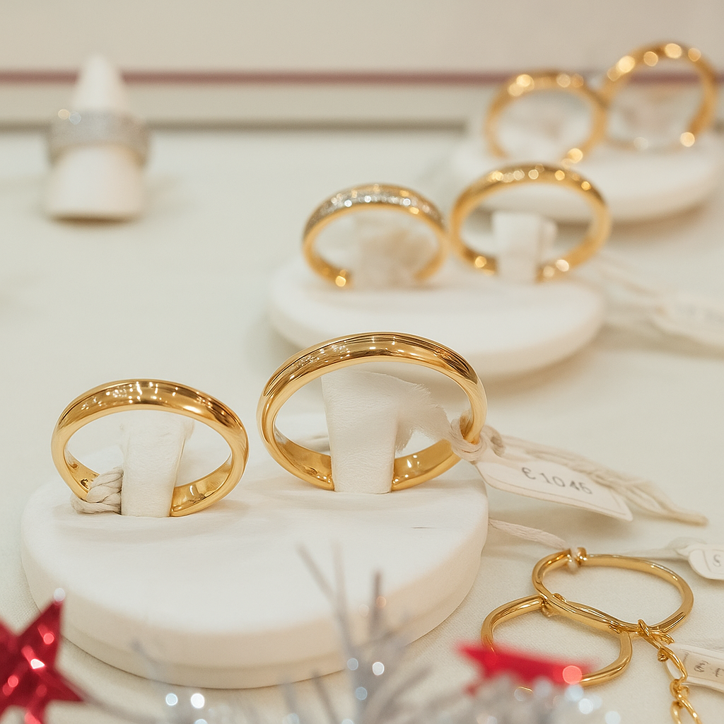 Un mazzo di anelli d'oro è esposto su un tavolo