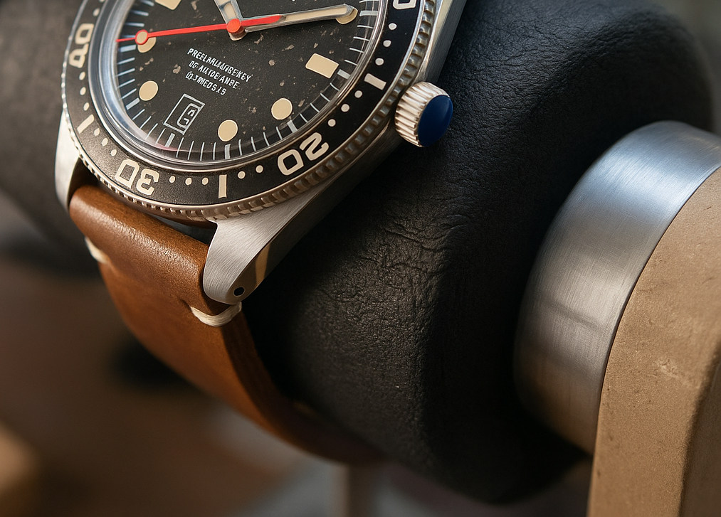 Un orologio con cinturino in pelle marrone è appoggiato su un oggetto nero