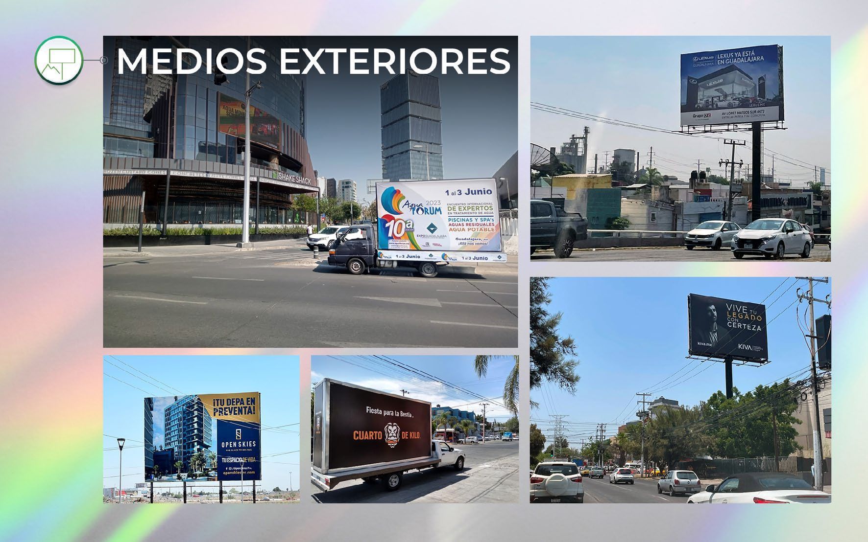Ejemplos de publicidad exterior: vallas publicitarias, camiones con anuncios, calles de la ciudad.