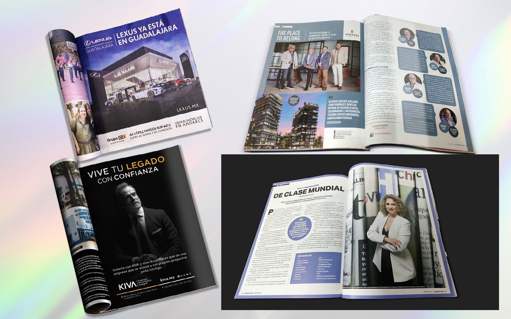 Cuatro revistas abiertas con distintos diseños: arquitectura, fotografías de grupo y retratos individuales.