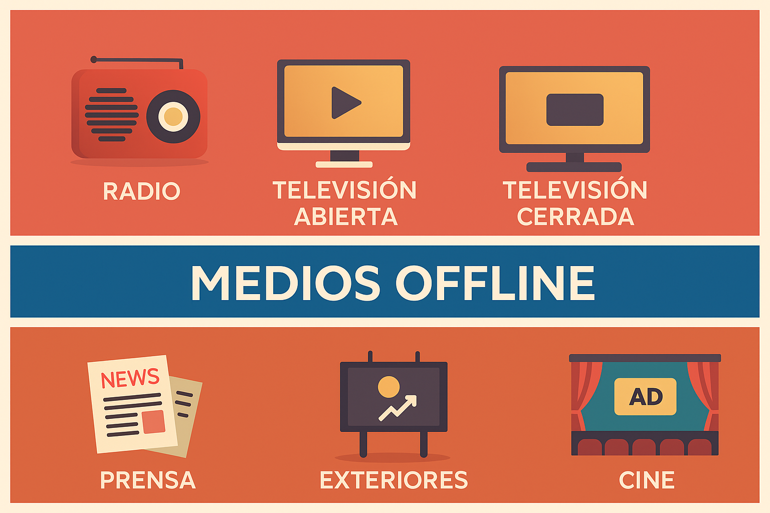 Ilustración de medios offline: radio, TV abierta y por cable, periódico, cartelera y cine.